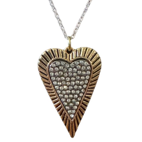 Jewelry - Art Deco Gold & Silver tone Retro Heart with Rhinestones with Necklace
